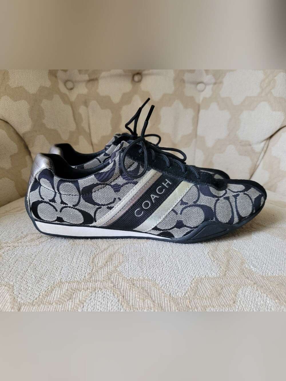COACH JAYME SNEAKERS LACE UP ALLOVER SIGNATURE PRINT BLACK GRAY WHITE SILVER 9 M